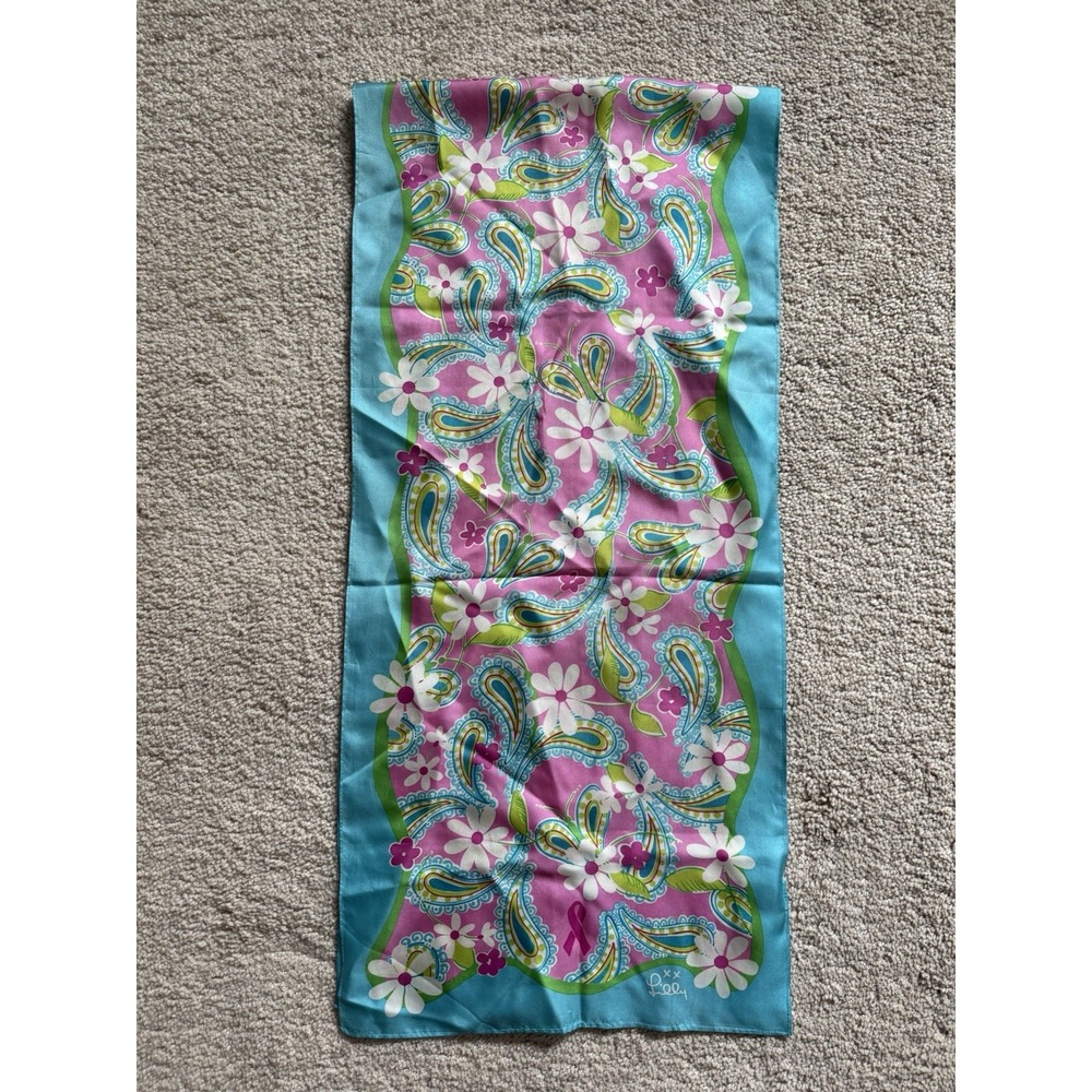 Lilly Pulitzer Ford Breast Cancer Aqua Blue Pink Floral 100% Silk Scarf 55"